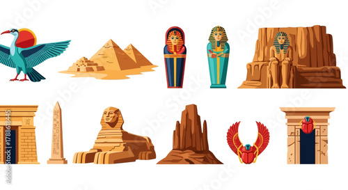 pixel art icons showcase ancient egyptian landmarks, deities, and symbols, rendered in a vibrant and stylized manner for creative projects