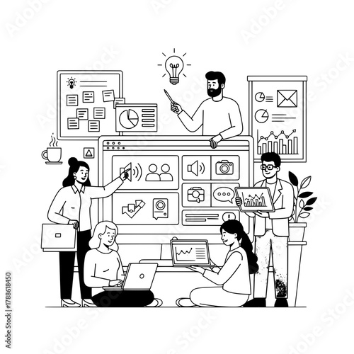 Diverse professional business team actively collaborating brainstorming analyzing data in dynamic digital workspace driving innovative project development