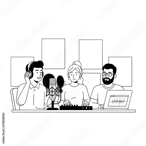 Diverse creative team recording audio podcast in a professional sound studio equipped with microphones mixer and laptop for collaborative broadcast production