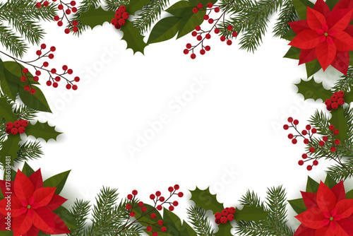 Festive frame with spruce branches, poinsettia, berries and leaves.