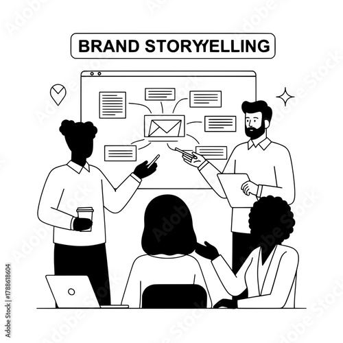 Diverse creative business professionals collaborating on brand storytelling strategy development during an interactive presentation in a modern office meeting room