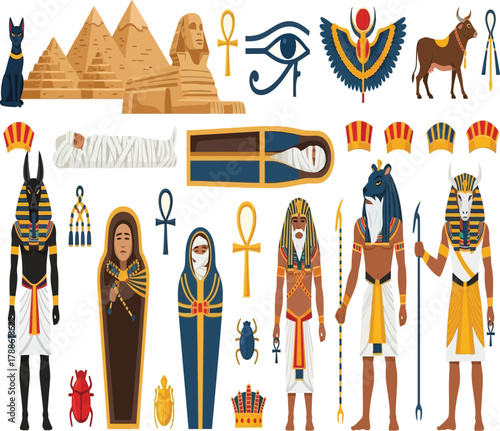 A vibrant pixel art illustration showcases a variety of ancient egyptian symbols and figures, including pharaohs, pyramids, and sacred animals, against a clean backdrop