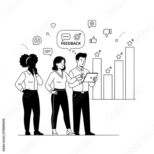 Diverse professional team examining digital customer feedback and performance data metrics within a progressive business environment