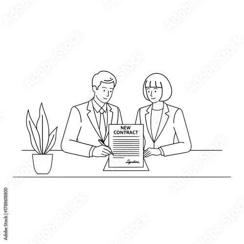 Two formally dressed corporate business people signing a new contract document on an office desk with a small potted plant clean line art illustration