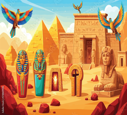 A vibrant cartoon scene of ancient egypt, complete with pyramids, sphinxes, and colorful birds in flight, creating a sense of adventure and historical exploration
