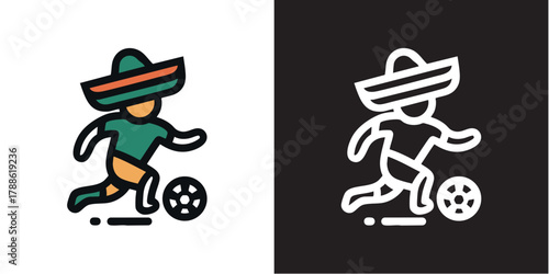 Minimalist Mexico soccer logo with player in sombrero kicking ball illustration