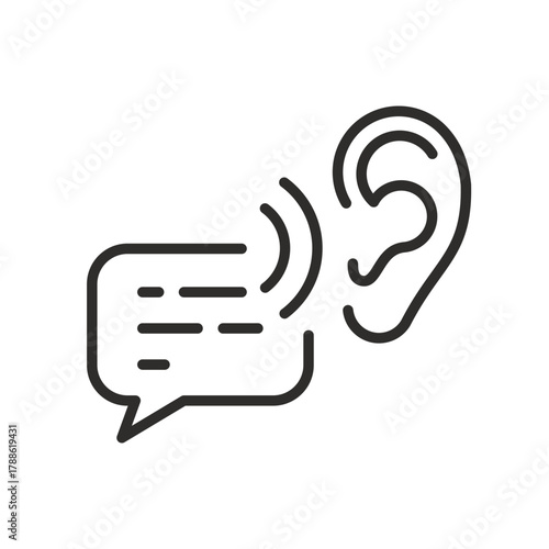 hear thin line vector illustration, voice message icon, speech bubble and ear, active listening