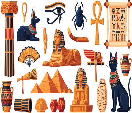 A vibrant collection of egyptian icons, featuring the sphinx, pyramids, anubis, scarab beetles, the eye of horus, and other cultural symbols