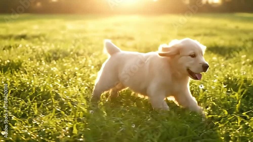 Joyful golden retriever puppy running through sun-drenched grassy field