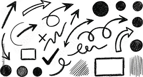 Hand Drawn Arrows, Check Mark, Circles and Shapes with Rough Edges on White