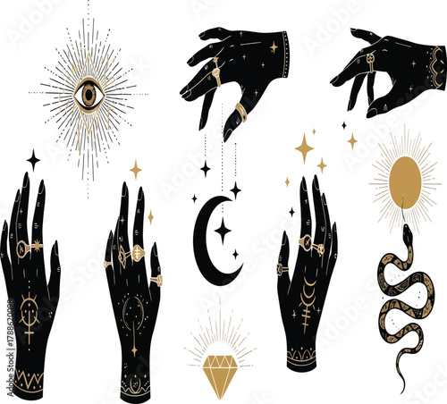 Mystical hands with celestial symbols, featuring diamond, eye, moon, snake, and sun, creating a magical and spiritual atmosphere