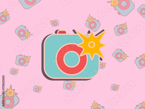 Colorful flat-style camera icon with a bright flash on a pastel pink background, perfect for creative design, social media graphics, photography themes, and modern digital content.