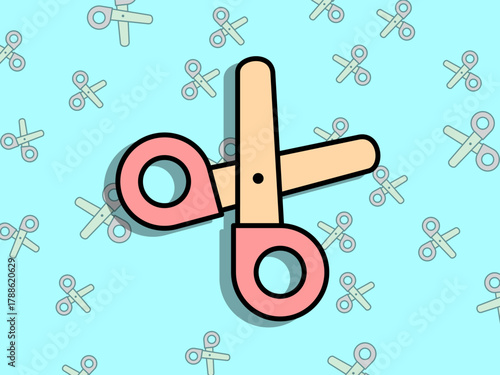 Cute flat-style scissors icon on a light blue patterned background, ideal for craft themes, school materials, creative design assets, kids’ projects, and modern graphic templates.