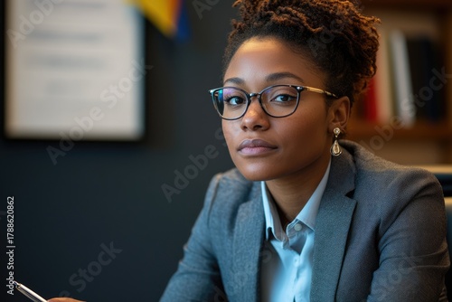 Confident businesswoman in stylish glasses ready to lead, a portrait of modern professional success in a bright and inviting office setting