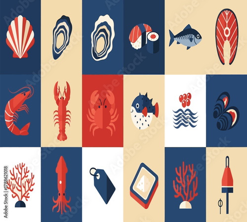 A charming pixel art mosaic of seafood icons, , displays a diverse range of marine delicacies in a visually appealing and playful style