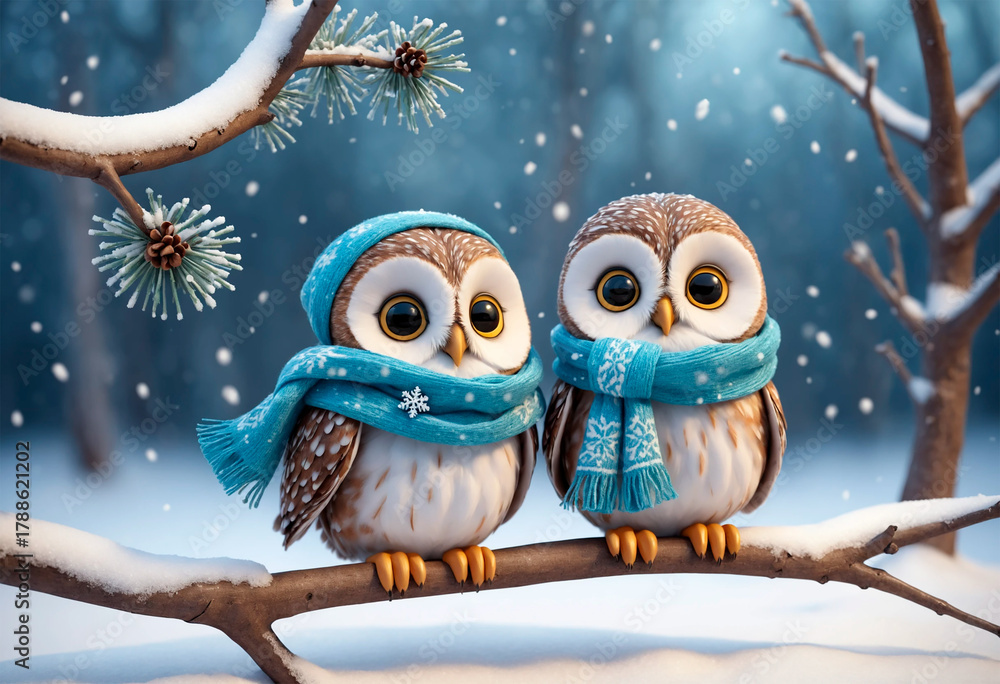 Obraz premium Snowy landscape with two small 3D owls wearing scarves, on a tree branch