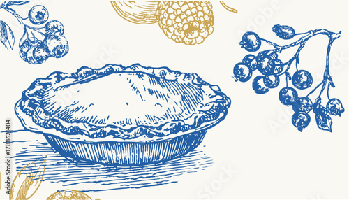 Vintage bakery illustration of a rustic pie in hand drawn engraving style