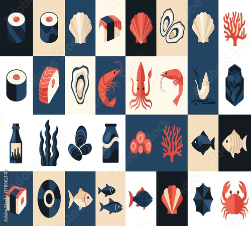 A charming pixel art mosaic of seafood icons, , displays a diverse range of marine delicacies in a visually appealing and playful style