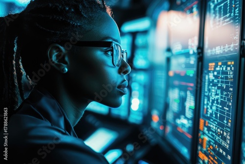 Focused data scientist analyzing complex algorithms on multiple screens for cybersecurity in a modern office, driving innovation and protection