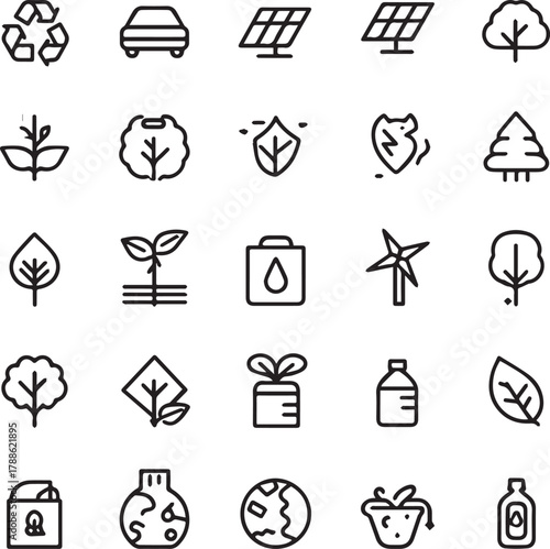 Eco and Sustainability Line Art Icons Set — Minimal Black Outline Vector Collection