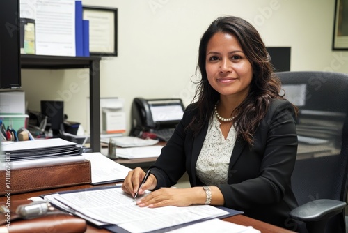 Professional businesswoman reviews documents in her office, bringing expertise and attention to detail to ensure accuracy and compliance today