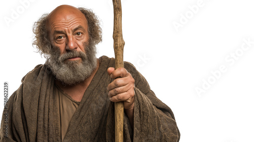 Full-body portrait of an elderly Cretan shepherd holding a wooden staff on transparent background, biblical-style man symbolizing faith, humility, and divine wisdom for Christian design
