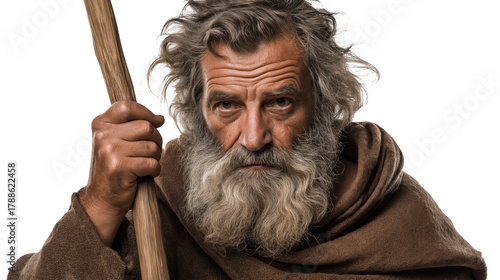 Elderly Cretan shepherd with staff on transparent background, biblical figure full-body PNG cutout symbolizing faith and wisdom for Christian design