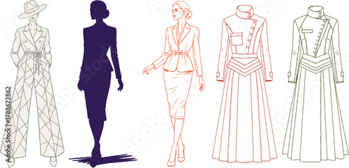 Diverse Fashion Illustrations of Women in Stylish Outfits and Silhouettes sketch drawing