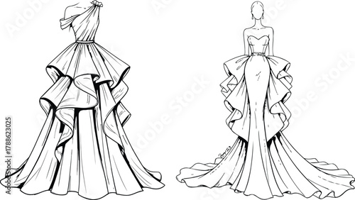Elegant Black and White Fashion Illustrations of Two Voluminous Gowns drawing sketch