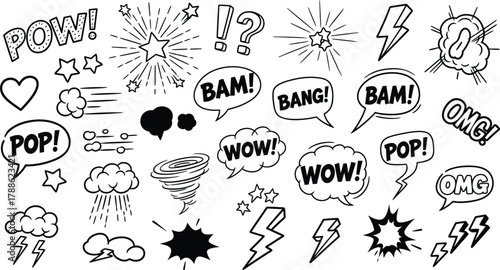 Hand Drawn Black Comic Bubbles with Exclamations and Weather Elements On White