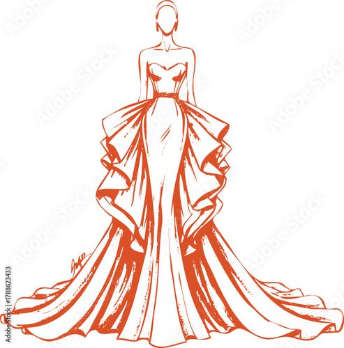 Fashion illustration of a strapless ball gown with ruffled skirt and train drawing sketch