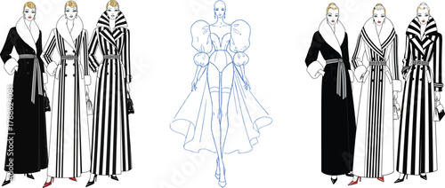 Fashion Illustrations of Women in Striped and Black and White Coats female model
