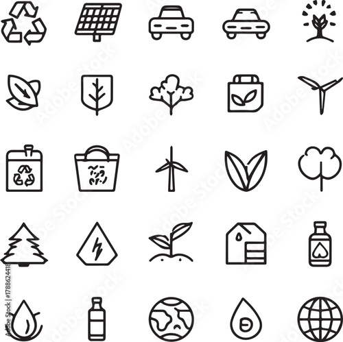 Eco and Sustainability Line Art Icons Set — Minimal Black Outline Vector Collection