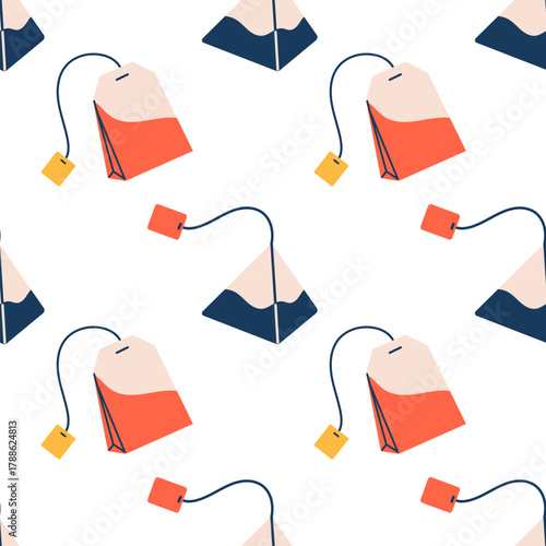Vector cute seamless pattern with classic and pyramid tea bags in blue, orange, and yellow tones on white background. Stylish autumn kitchen print for wrapping paper, fabric, and beverage design.