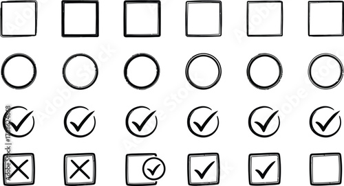 Hand Drawn Check Mark, Cross, Circle and Square Symbols on Transparent Background
