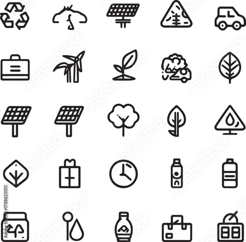 Eco and Sustainability Line Art Icons Set — Minimal Black Outline Vector Collection