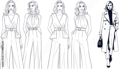 Line Art Illustrations of Women in Stylish Jumpsuits and a Trench Coat fashion clothing