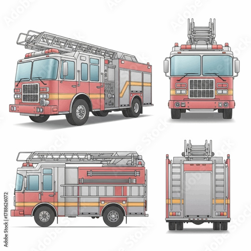 Detailed Fire Truck Vector Illustration with Multiple Views and Ladder Apparatus Design