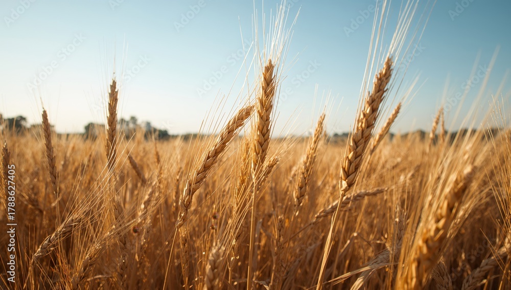 Fototapeta premium Golden Grain, Sunlit Sky A Gentle Breeze Through Fields of Amber, Wheat.