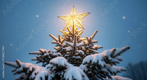 Wallpaper Mural Radiant Christmas star illuminating a majestic snow-covered evergreen tree against a serene twilight sky, evoking the festive spirit of the winter holidays and seasonal cheer Torontodigital.ca