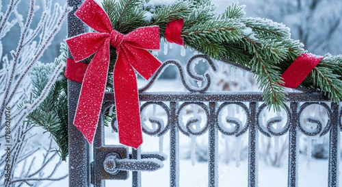 Wallpaper Mural Elegant wrought iron gate adorned with a vibrant red bow and lush green pine wreath, beautifully frosted by a winter wonderland snowscape, symbolizing festive cheer and seasonal charm Torontodigital.ca