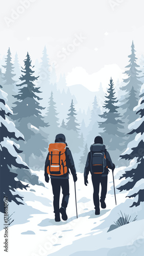 Group trekking in winter forest landscape with snow and pine trees