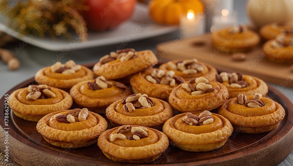 custom made wallpaper toronto digitalGolden Treat Arrangement. Miniature Tarts with Nut Toppings on a Wooden Tray, a Warm Glow.