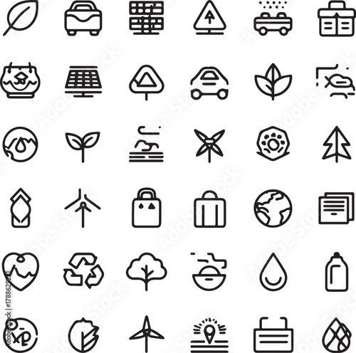 Eco and Sustainability Line Art Icons Set — Minimal Black Outline Vector Collection