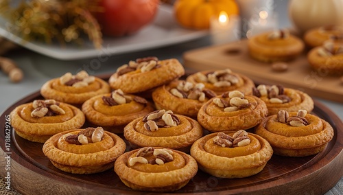 Wallpaper Mural Golden Treat Arrangement. Miniature Tarts with Nut Toppings on a Wooden Tray, a Warm Glow. Torontodigital.ca
