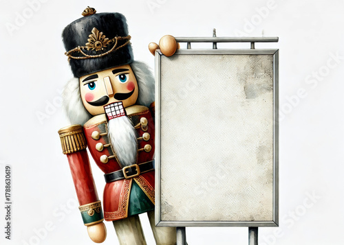 Klassischer roter Nussknacker lehnt an leerer Tafel mit Platz für weihnachtliche Grüße Generative KI