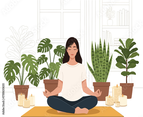 A woman meditates in a serene indoor garden, surrounded by lush plants and soft candlelight, finding peace and tranquility in her mindful practice