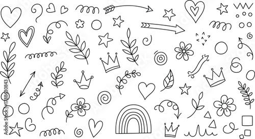 Hand Drawn Doodle Elements Hearts, Stars, Crowns, Rainbows, Arrows, and Floral on White
