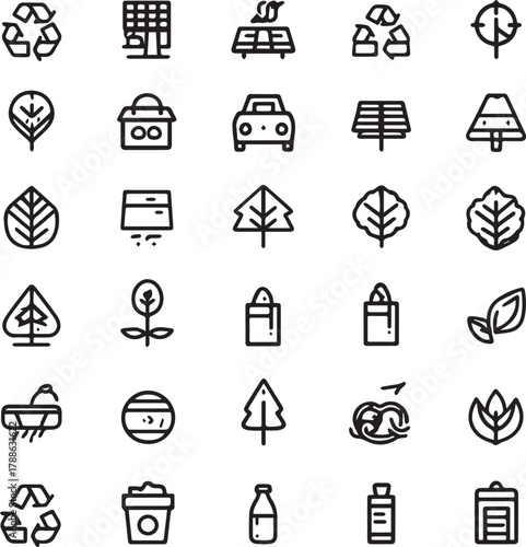 Eco and Sustainability Line Art Icons Set — Minimal Black Outline Vector Collection