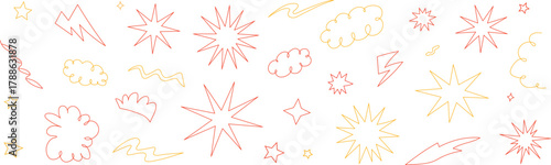 Boom explosive motion line element set; line speed cartoon effect.  Line-speed cartoon vector icon, explosive smoke, and comic boom burst.  Sketch doodle action effect, created by hand. 
